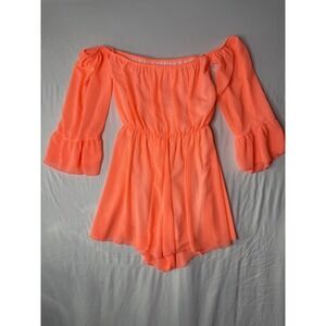 SorelleUK‎ Neon Coral Off Shoulder Romper NWT Size 6 Bell Sleeve